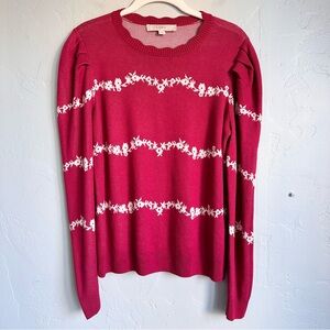 LOFT Women's Berry Red Feminine Spring Sweater White Floral Stripes Medium EUC